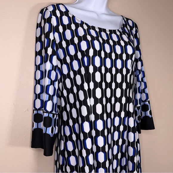 Small AB Studio Blue White Black Dot Print Dress Stretch Event Party Long Sleeve - Picture 4 of 16